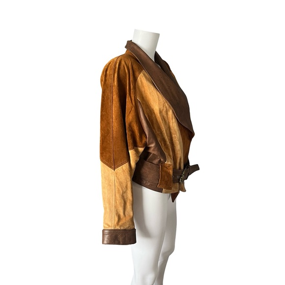 VTG The Leather Ranch le Ranch du Cuir Suede Jacket Colorblock Belted Neutral - Picture 4 of 12